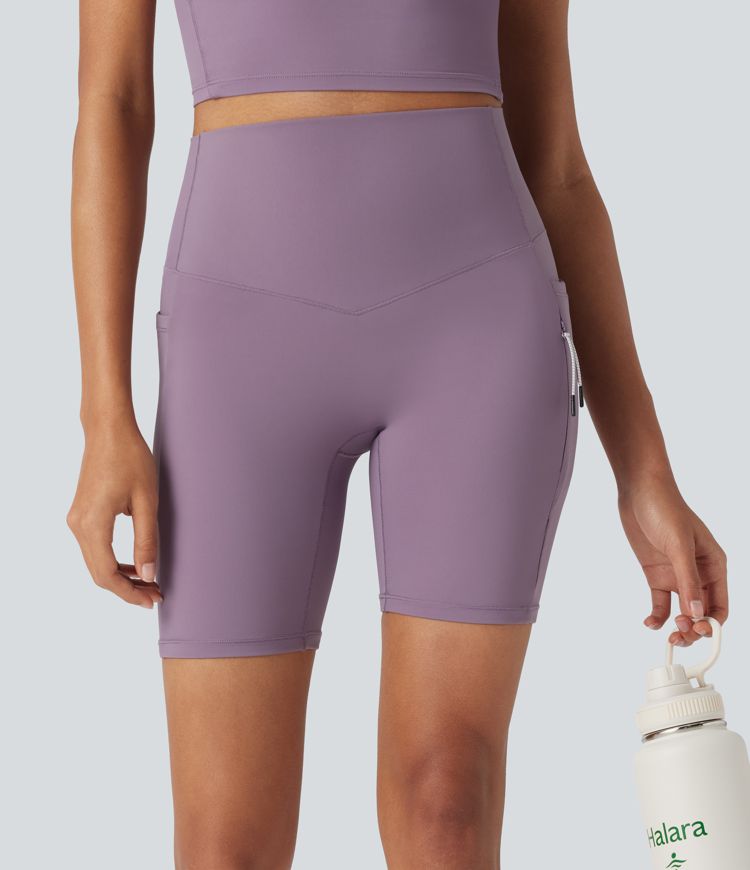 halara ultrasculpt cool quick dry high waisted tummy control hiking biker shorts 7 met zakken - upf 50