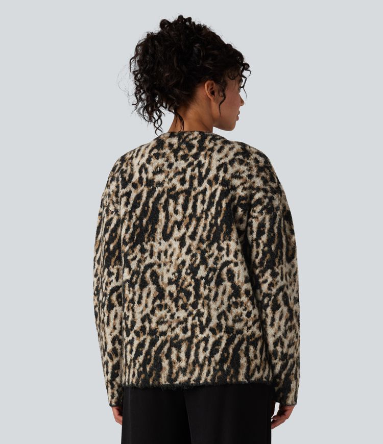 casual vest met v-hals en luipaardprint van wolmix