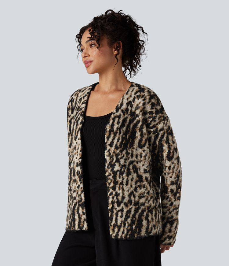 casual vest met v-hals en luipaardprint van wolmix