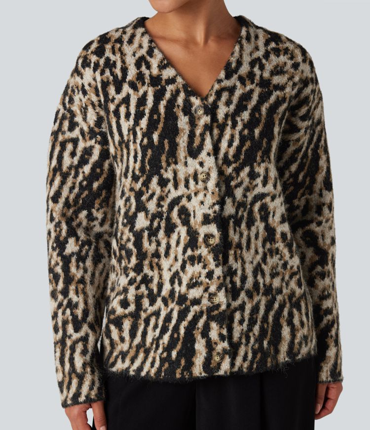 casual vest met v-hals en luipaardprint van wolmix
