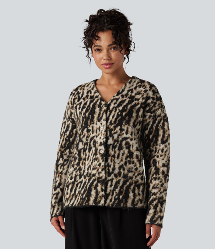 casual vest met v-hals en luipaardprint van wolmix