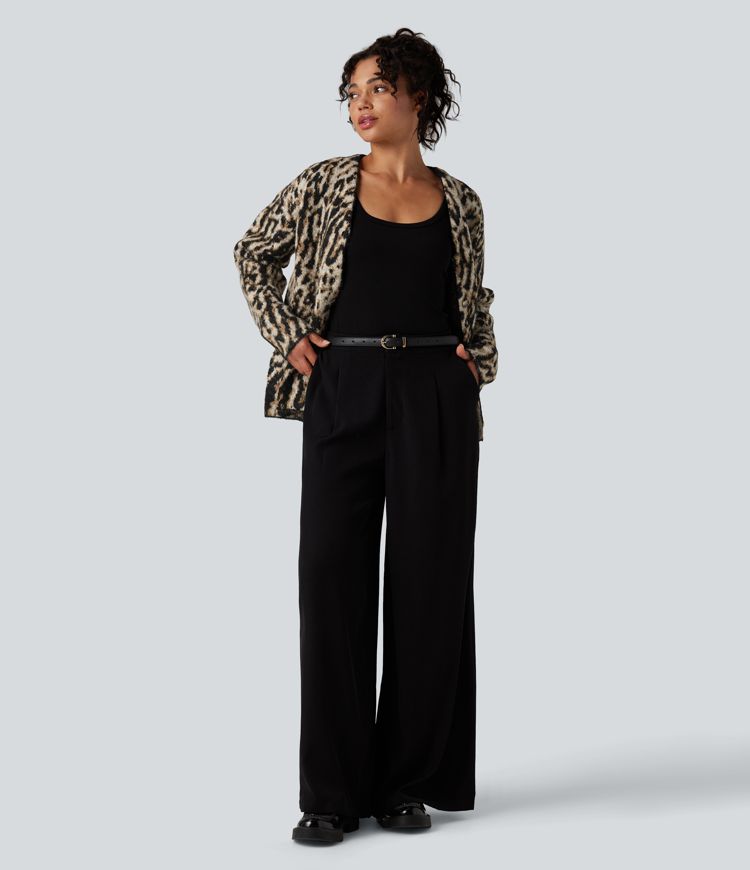 casual vest met v-hals en luipaardprint van wolmix