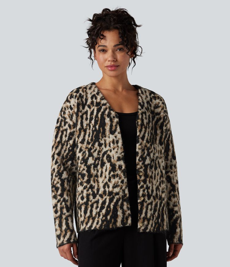 casual vest met v-hals en luipaardprint van wolmix