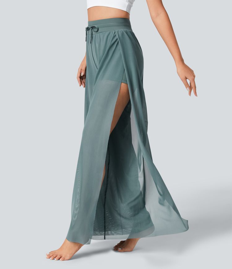 yogabroek met hoge taille trekkoord contrasterend mesh en 2-in-1 zakken wijde pijpen