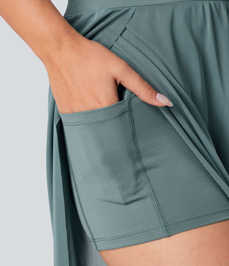 yogabroek met hoge taille trekkoord contrasterend mesh en 2-in-1 zakken wijde pijpen