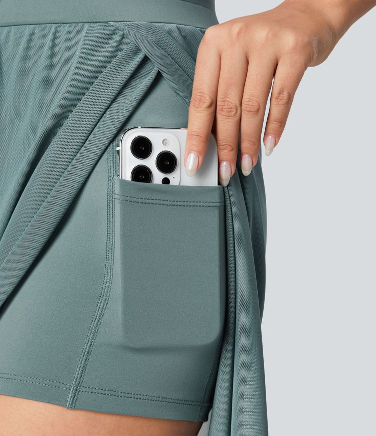 yogabroek met hoge taille trekkoord contrasterend mesh en 2-in-1 zakken wijde pijpen