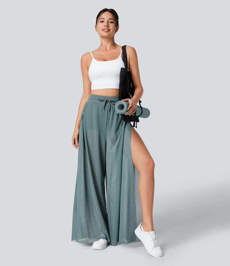 yogabroek met hoge taille trekkoord contrasterend mesh en 2-in-1 zakken wijde pijpen