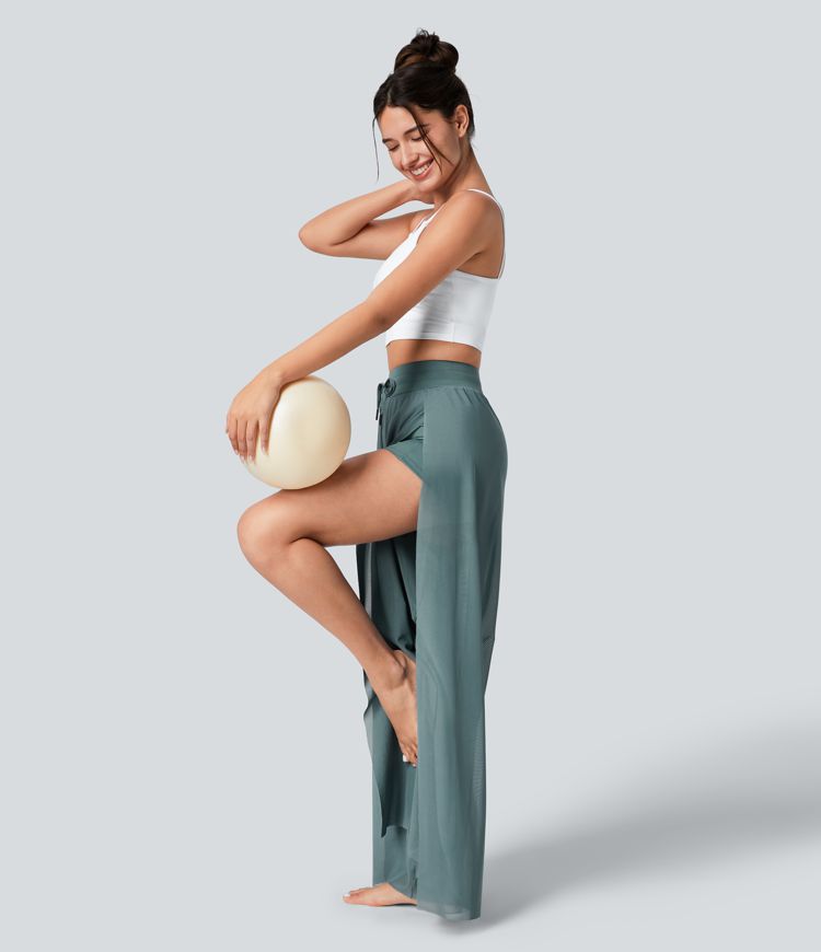 yogabroek met hoge taille trekkoord contrasterend mesh en 2-in-1 zakken wijde pijpen