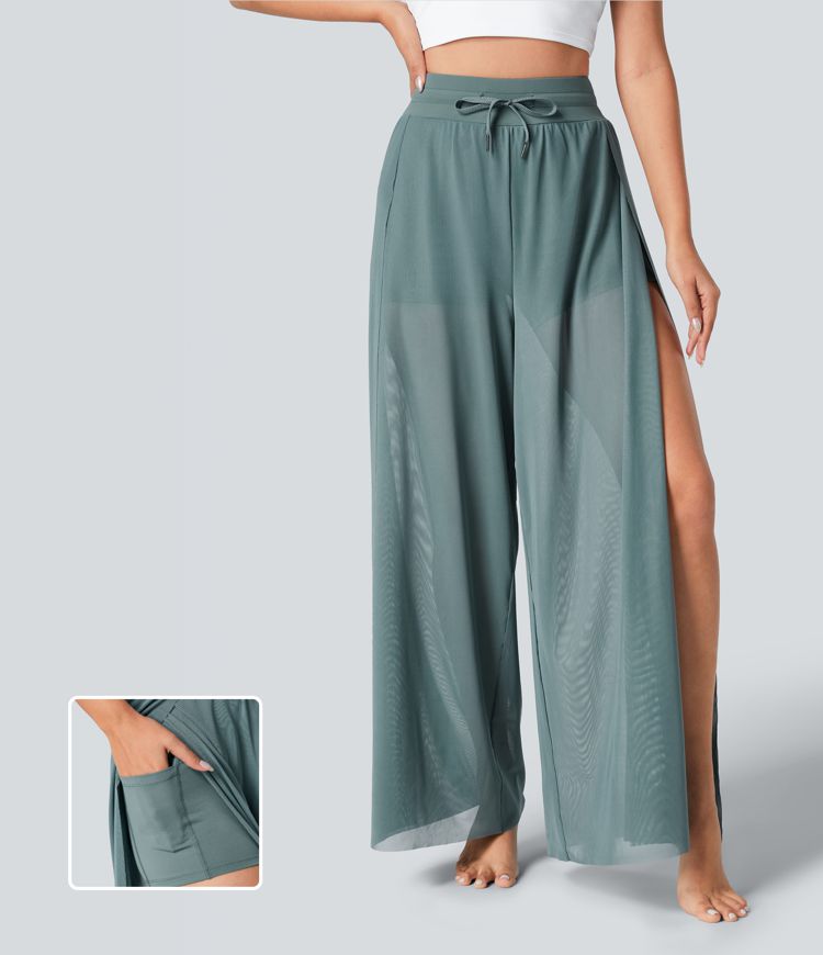 yogabroek met hoge taille trekkoord contrasterend mesh en 2-in-1 zakken wijde pijpen