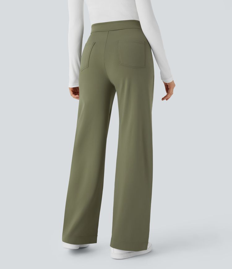 softlyzero pluche thermische casual broek met hoge taille zakken en rechte pijpen