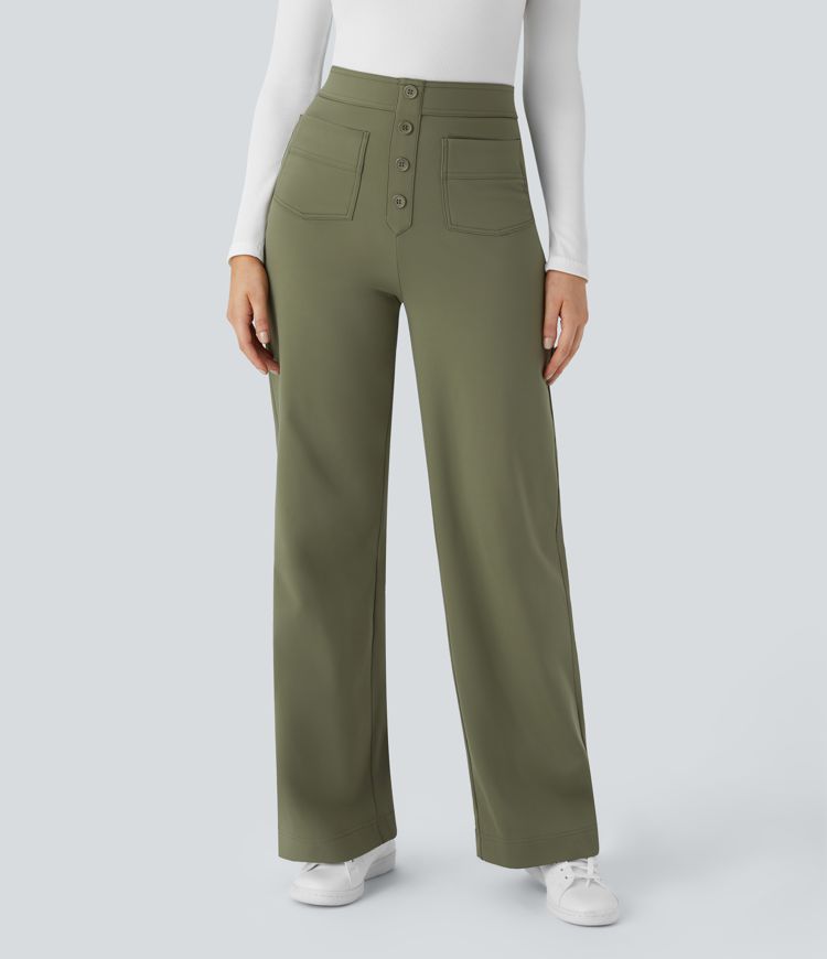 softlyzero pluche thermische casual broek met hoge taille zakken en rechte pijpen