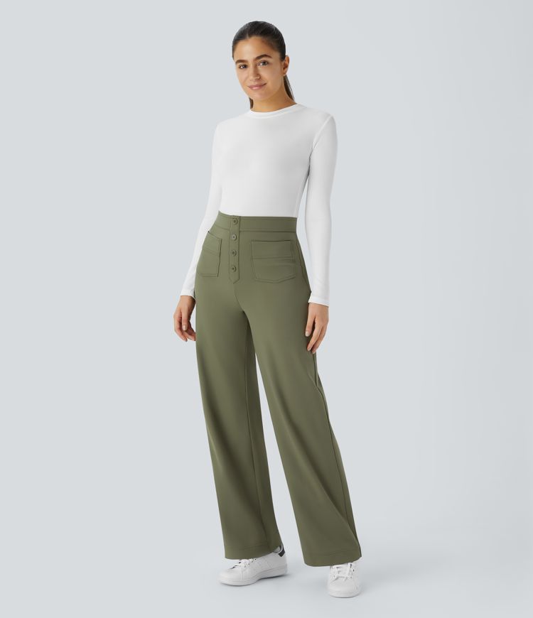softlyzero pluche thermische casual broek met hoge taille zakken en rechte pijpen