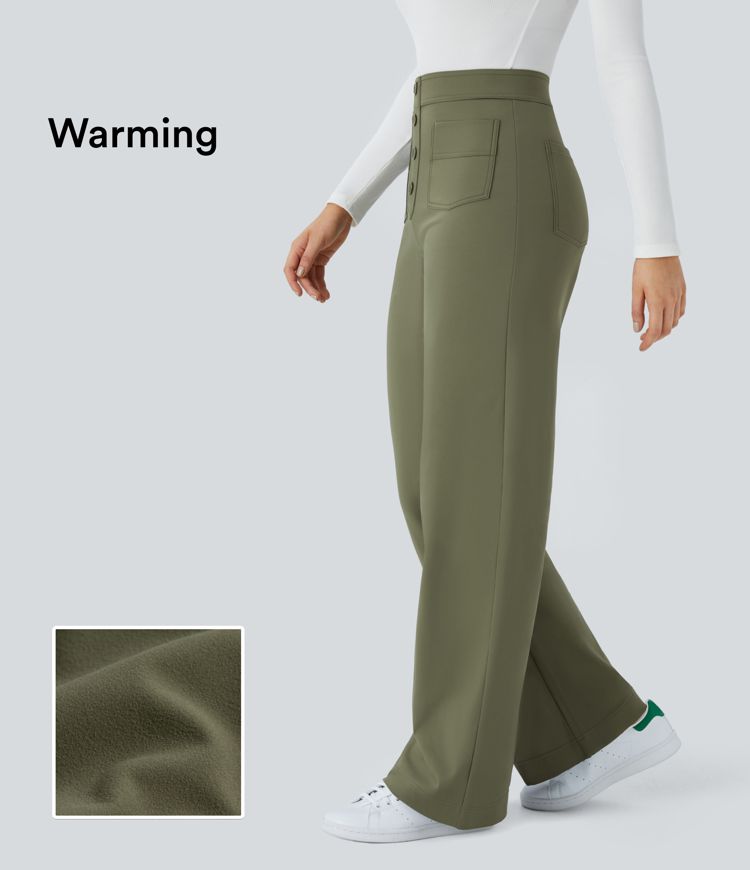 softlyzero pluche thermische casual broek met hoge taille zakken en rechte pijpen