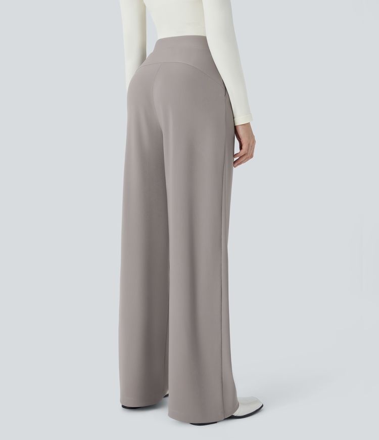 halara flex werkbroek met hoge taille figuurcorrigerende werking wijde pijpen en zakken microwafelstructuur
