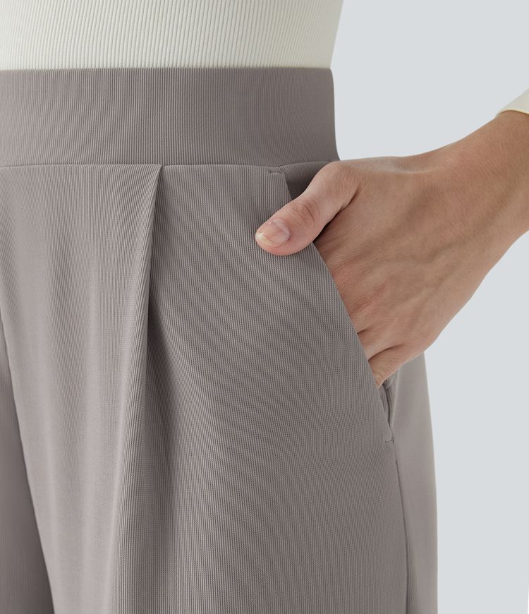 halara flex werkbroek met hoge taille figuurcorrigerende werking wijde pijpen en zakken microwafelstructuur