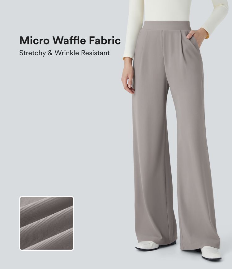 halara flex werkbroek met hoge taille figuurcorrigerende werking wijde pijpen en zakken microwafelstructuur