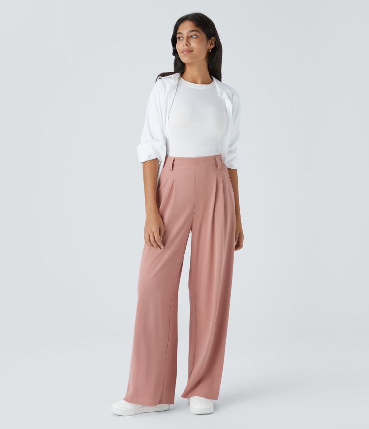 halara flex werkbroek met hoge taille zakken en wijde pijpen gemaakt van wafelstof