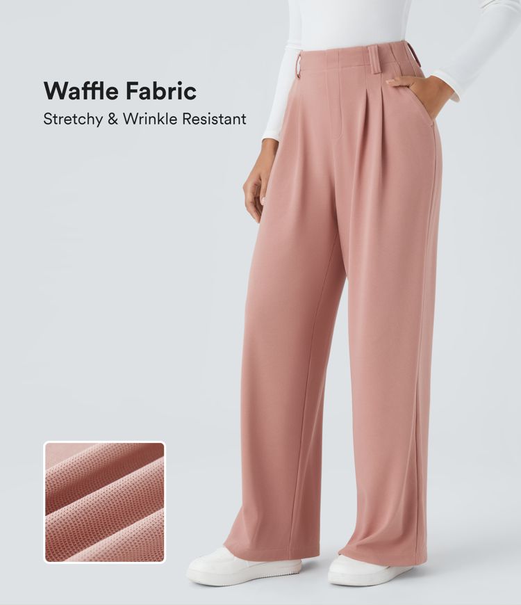 halara flex werkbroek met hoge taille zakken en wijde pijpen gemaakt van wafelstof