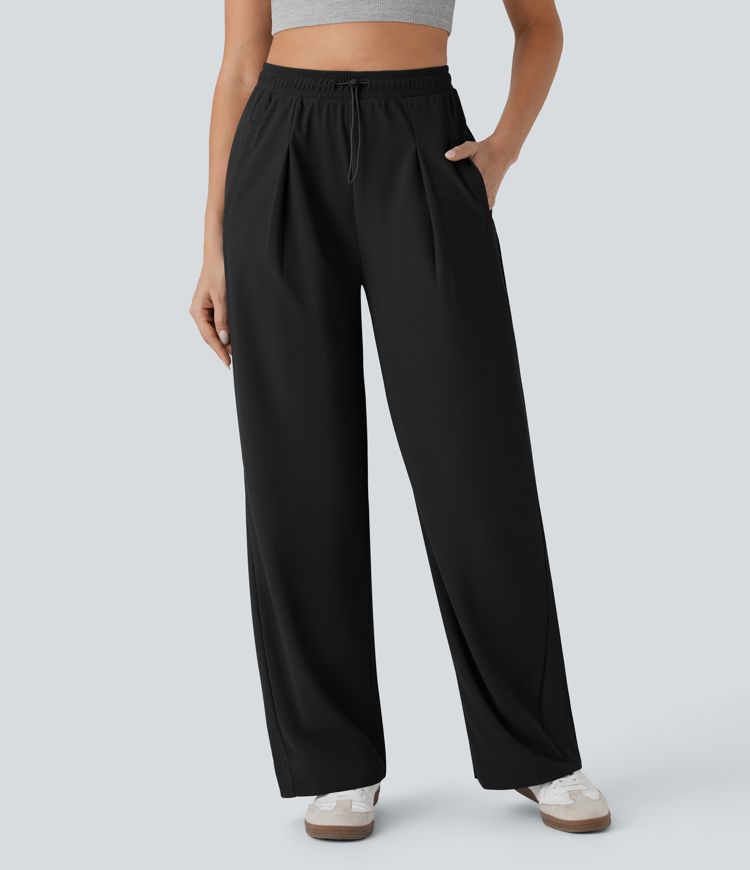 casual broek met hoge taille zakken rechte pijpen en microwafelstructuur