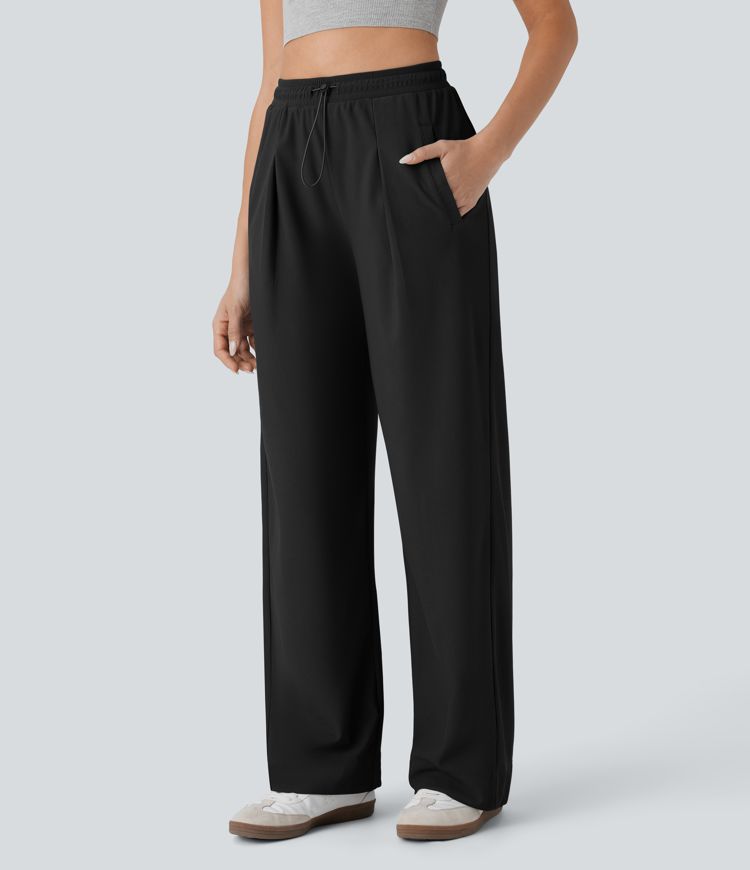 casual broek met hoge taille zakken rechte pijpen en microwafelstructuur
