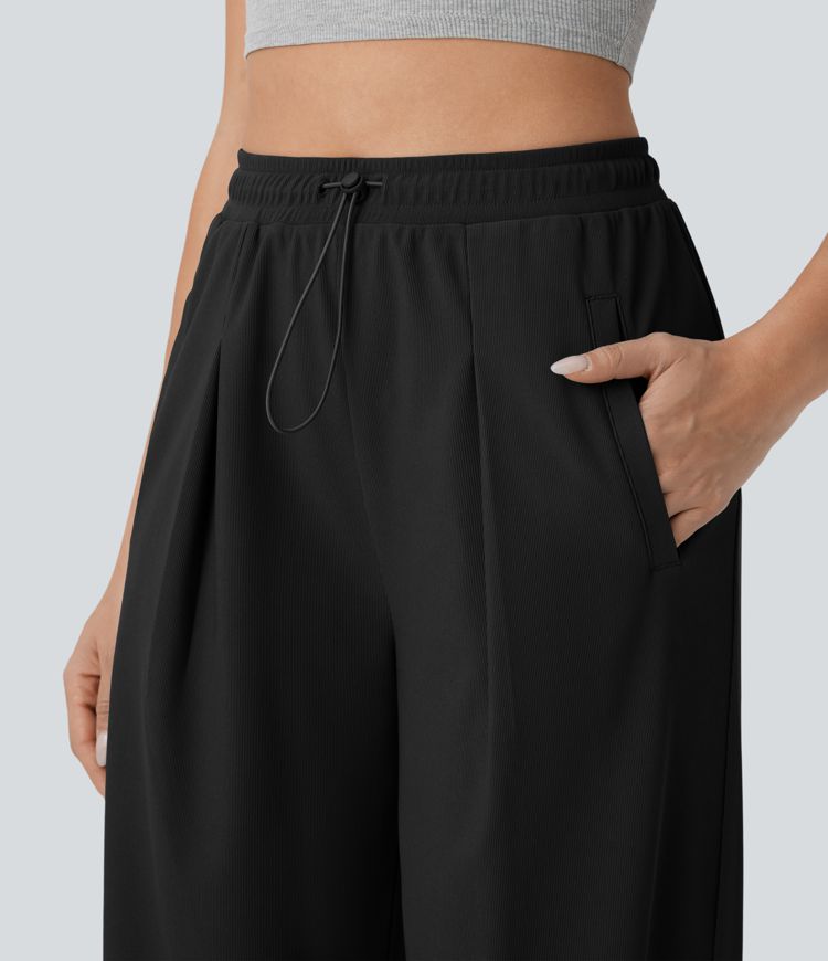 casual broek met hoge taille zakken rechte pijpen en microwafelstructuur