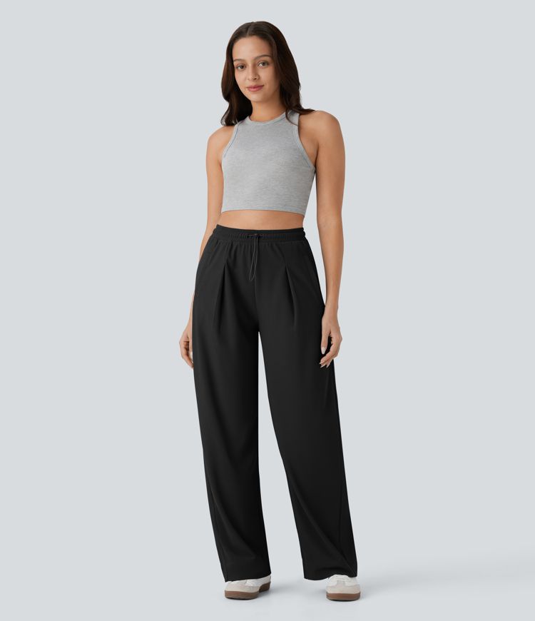 casual broek met hoge taille zakken rechte pijpen en microwafelstructuur