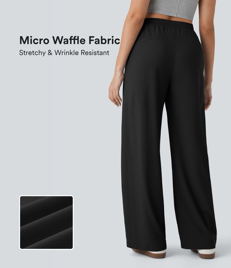 casual broek met hoge taille zakken rechte pijpen en microwafelstructuur