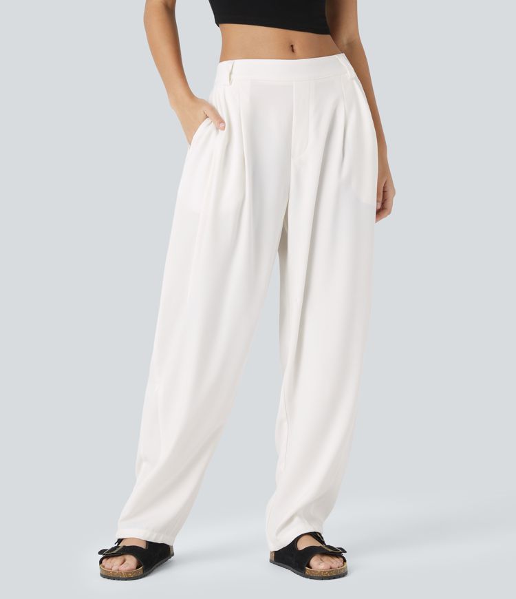 halara flex mid rise pocket barrel leg work pants