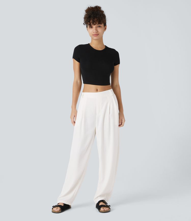 halara flex mid rise pocket barrel leg work pants