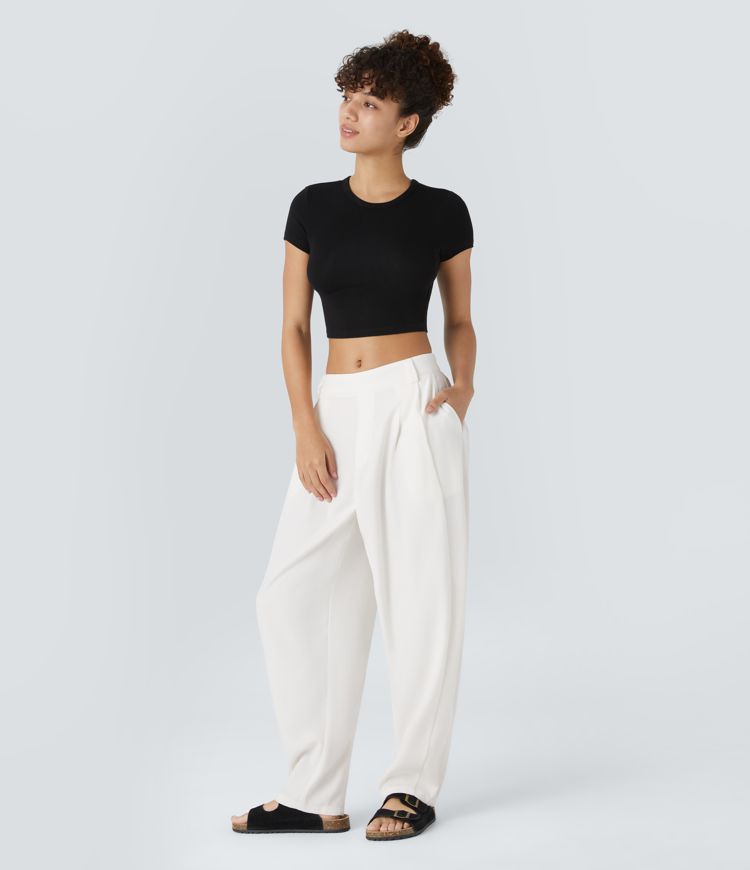 halara flex mid rise pocket barrel leg work pants