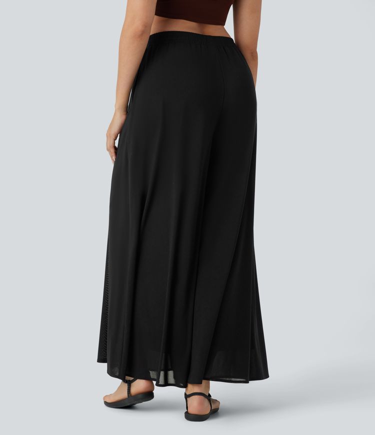 casual broek met hoge taille zakken mesh overlay en wijde pijpen