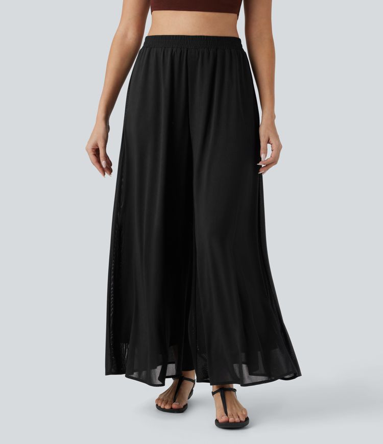 casual broek met hoge taille zakken mesh overlay en wijde pijpen