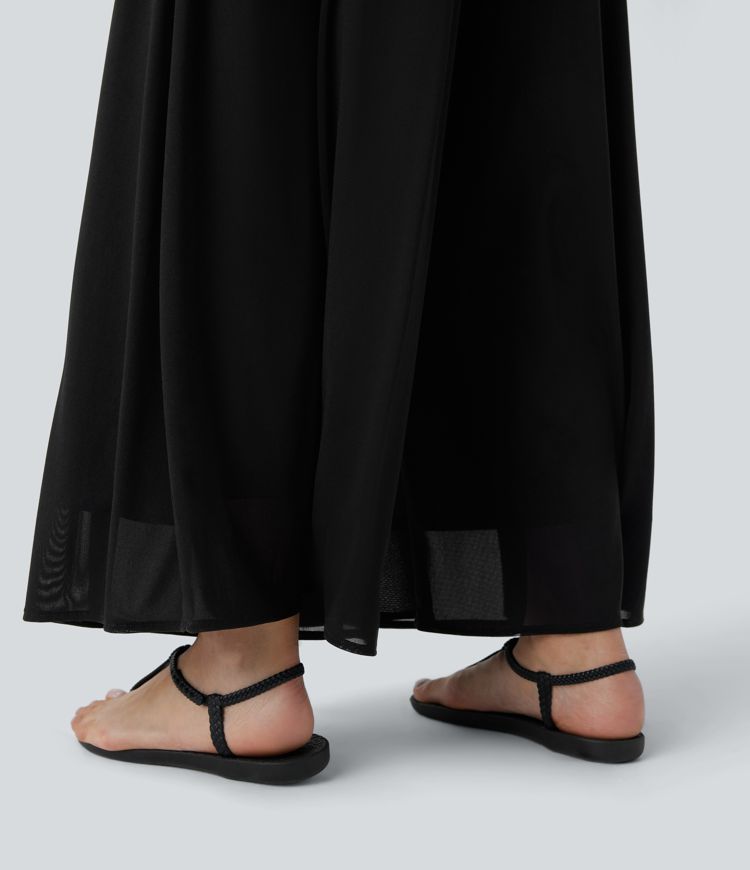 casual broek met hoge taille zakken mesh overlay en wijde pijpen