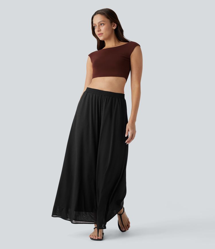 casual broek met hoge taille zakken mesh overlay en wijde pijpen