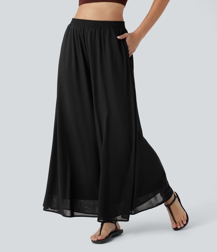 casual broek met hoge taille zakken mesh overlay en wijde pijpen