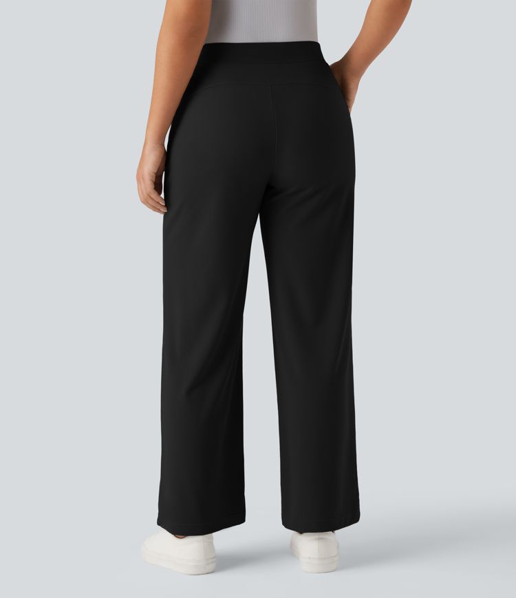 halara flex werkbroek met hoge taille buikcontrole figuurcorrigerend effect wijde pijpen en microwafelstructuur inclusief zakken.