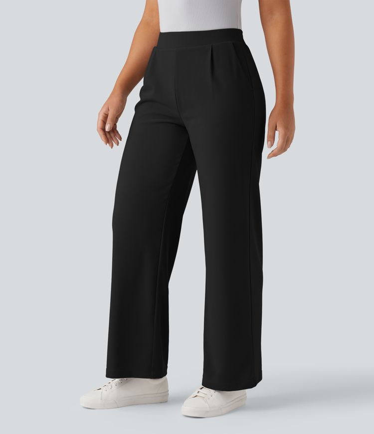 halara flex werkbroek met hoge taille buikcontrole figuurcorrigerend effect wijde pijpen en microwafelstructuur inclusief zakken.