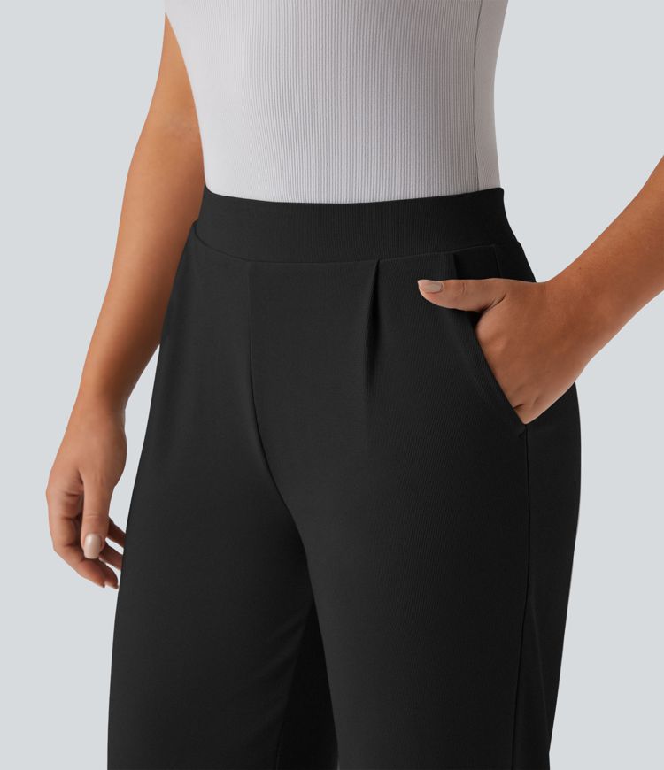 halara flex werkbroek met hoge taille buikcontrole figuurcorrigerend effect wijde pijpen en microwafelstructuur inclusief zakken.