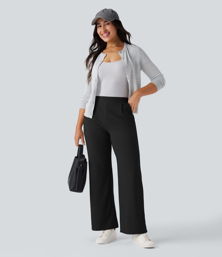 halara flex werkbroek met hoge taille buikcontrole figuurcorrigerend effect wijde pijpen en microwafelstructuur inclusief zakken.