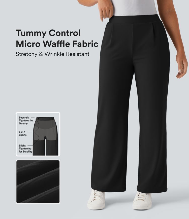 halara flex werkbroek met hoge taille buikcontrole figuurcorrigerend effect wijde pijpen en microwafelstructuur inclusief zakken.