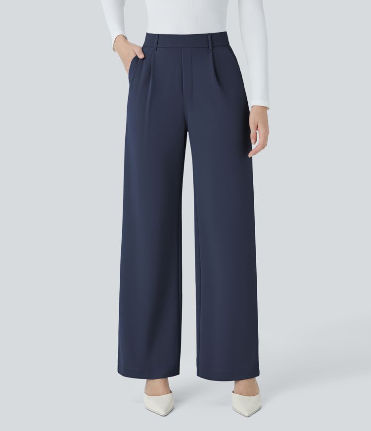 halara flex werkbroek met hoge taille zakken en rechte pijpen gemaakt van crêpe.