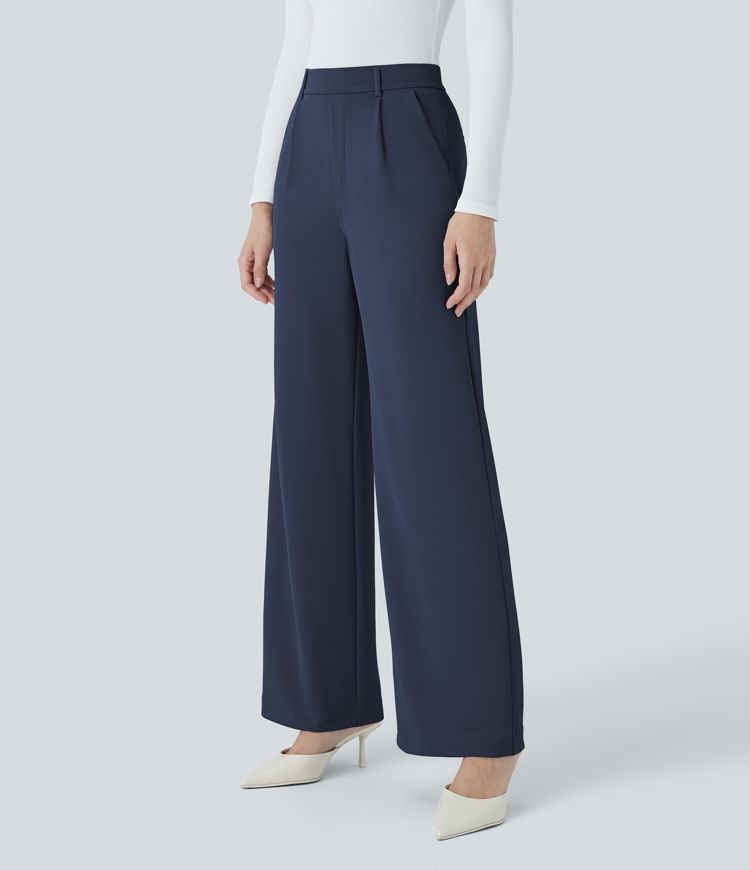 halara flex werkbroek met hoge taille zakken en rechte pijpen gemaakt van crêpe.