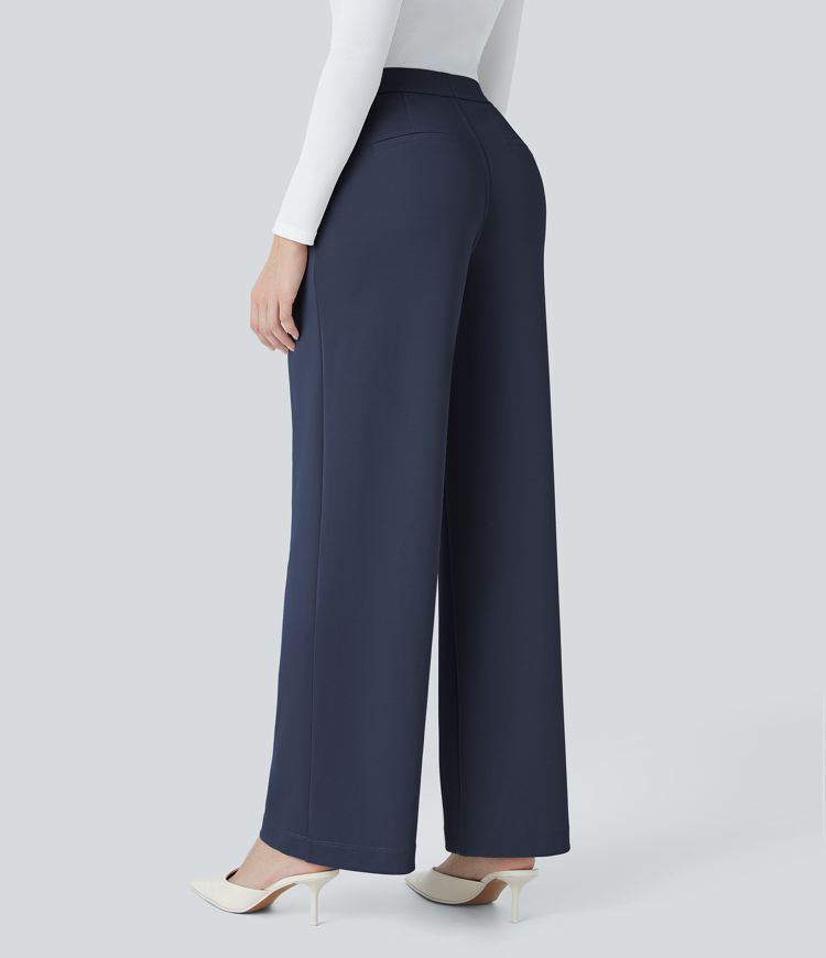 halara flex werkbroek met hoge taille zakken en rechte pijpen gemaakt van crêpe.