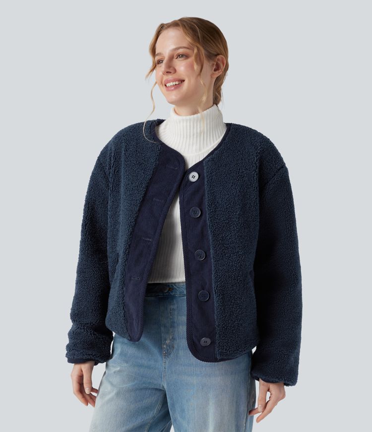 omkeerbaar casual sherpa-jack met lange mouwen en zakken twee looks in één
