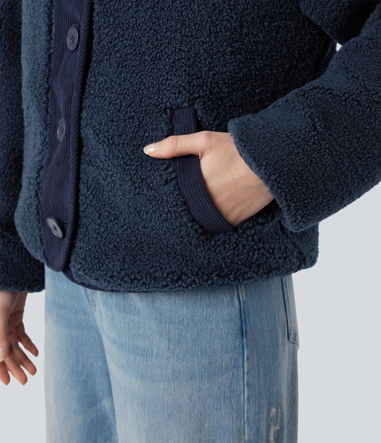 omkeerbaar casual sherpa-jack met lange mouwen en zakken twee looks in één