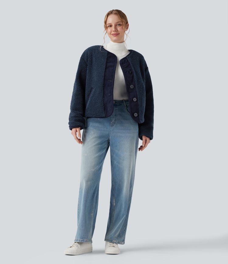 omkeerbaar casual sherpa-jack met lange mouwen en zakken twee looks in één