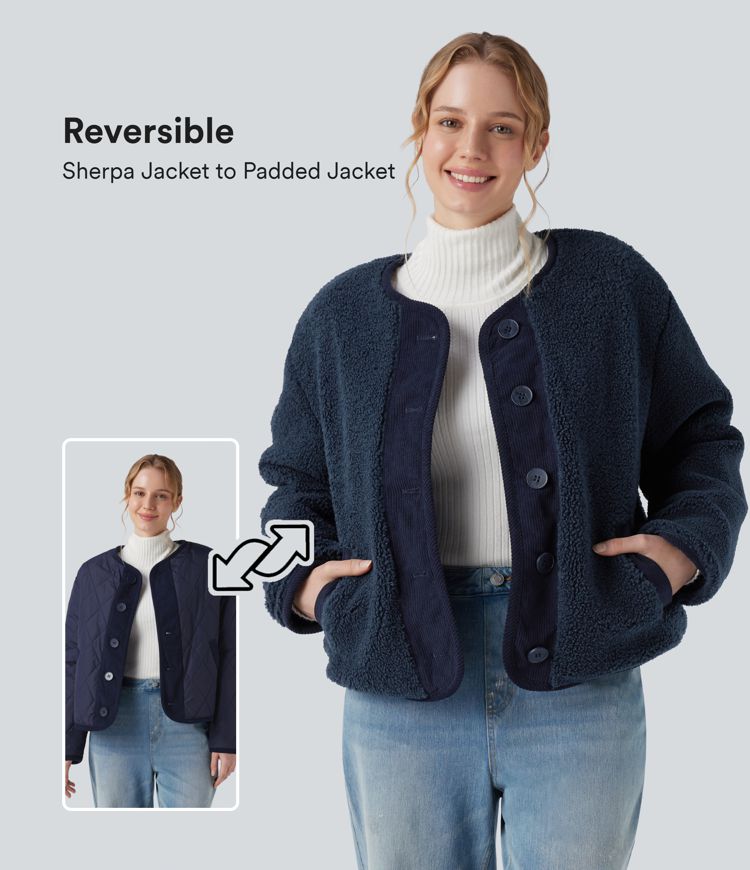 omkeerbaar casual sherpa-jack met lange mouwen en zakken twee looks in één