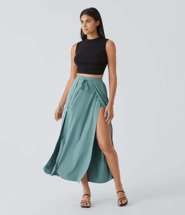 breezeful maxi-rok met hoge taille en strik aan de voorkant zwierig en 2-in-1 sneldrogend en casual