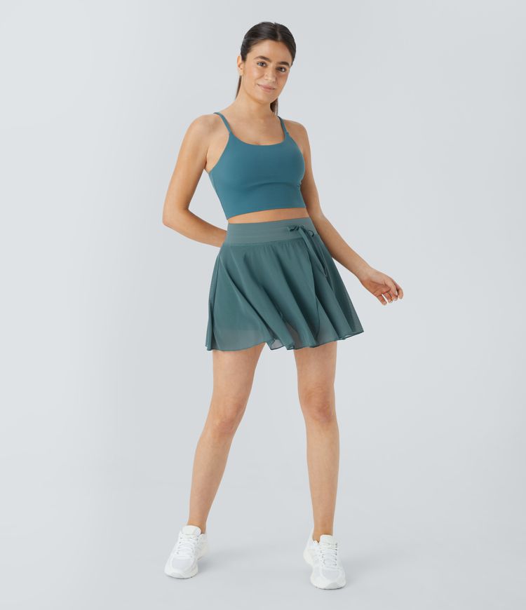 hoge taille rok met trekkoord contrasterend mesh en 2-in-1 zakken zwierig model casual model.