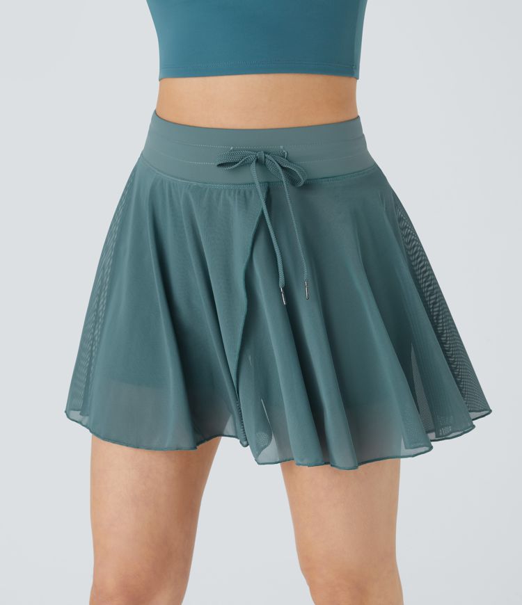 hoge taille rok met trekkoord contrasterend mesh en 2-in-1 zakken zwierig model casual model.
